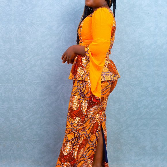orange luxurious african print truffle sleeves top and straight maxi skirt ngoun - Picture 2 of 4